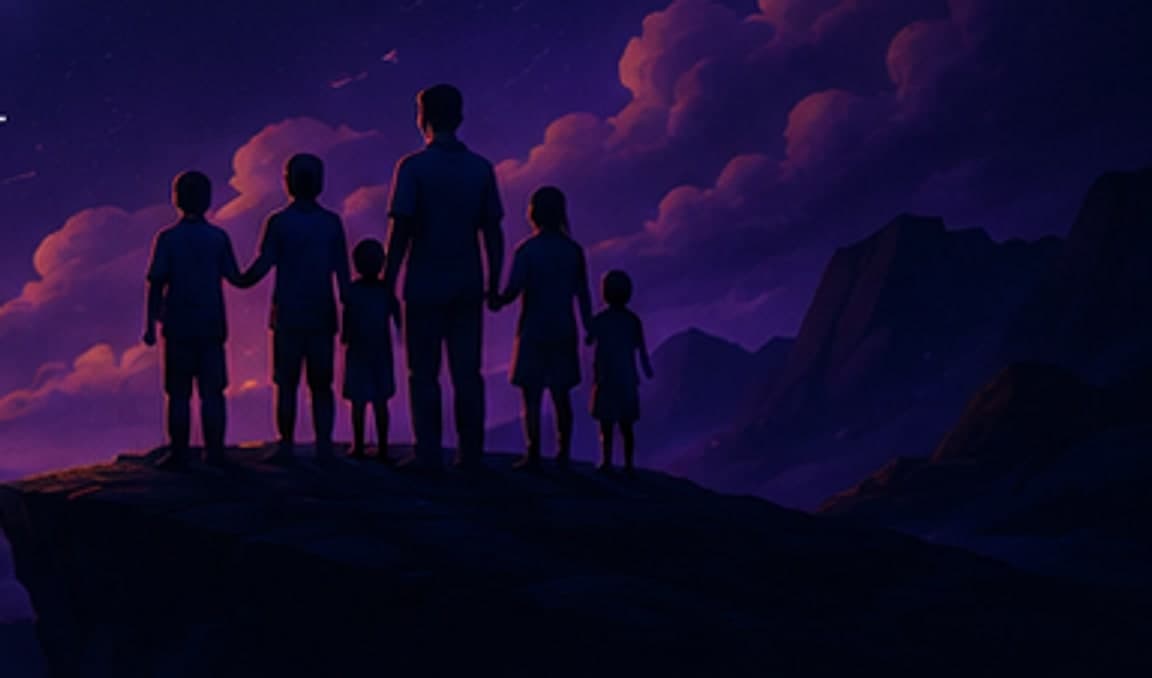A family of dreamers looking out over a valley at dusk